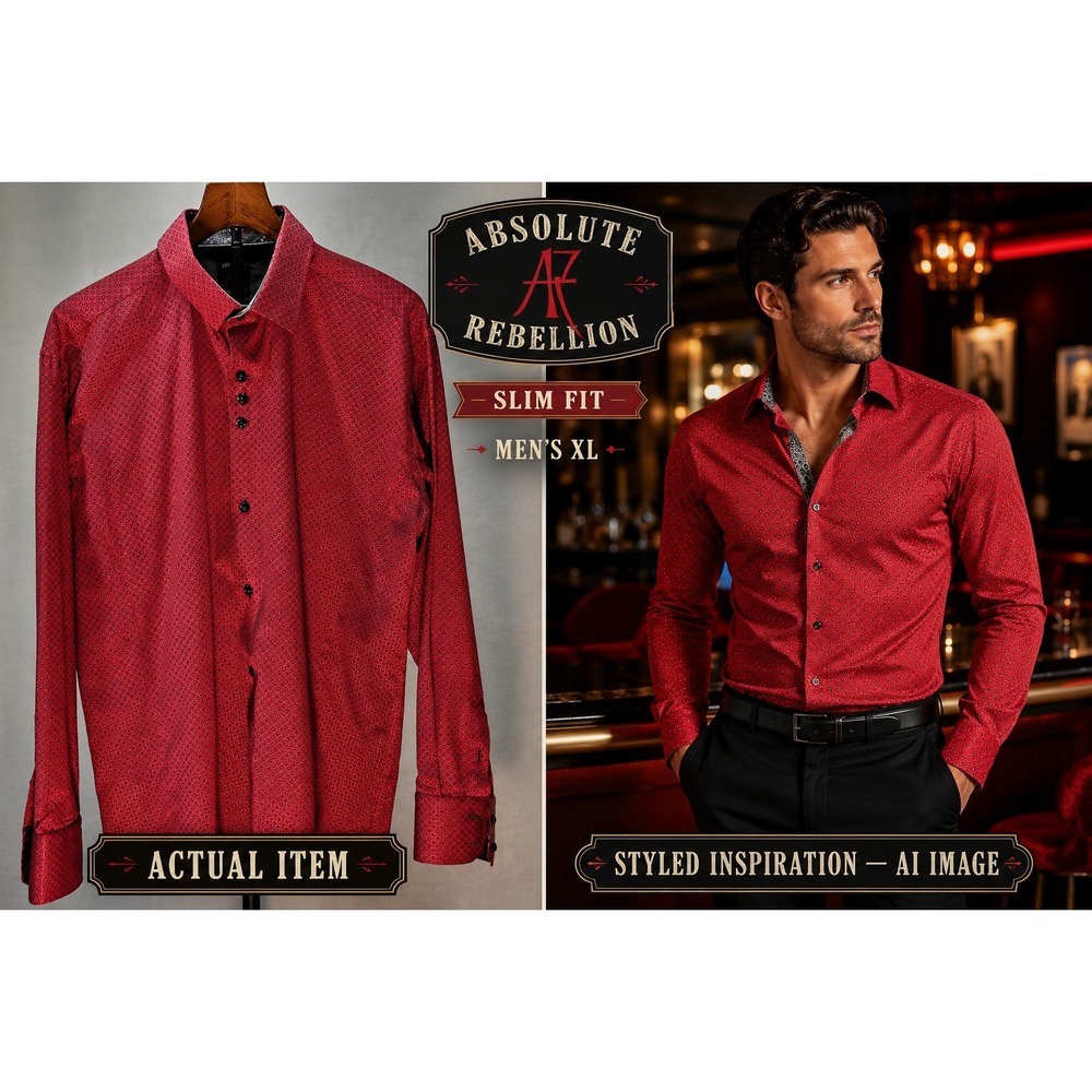 Absolute Rebellion Men's XL Slim Fit Dress Shirt Red Geometric Constrast Cuff